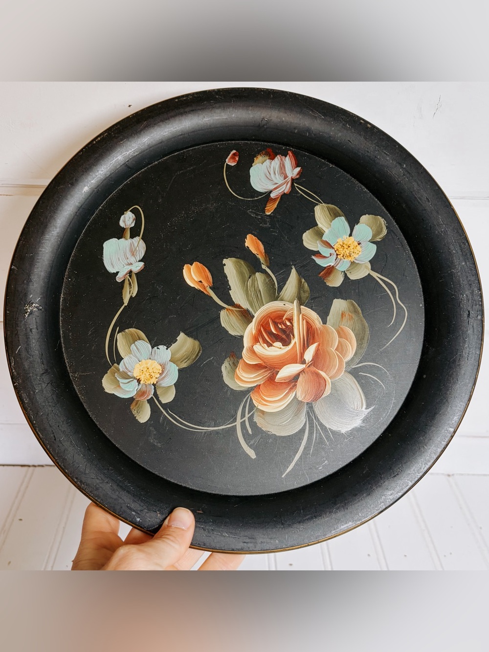 Vintage Hand Painted Floral Metal Tray | Decorative Tray